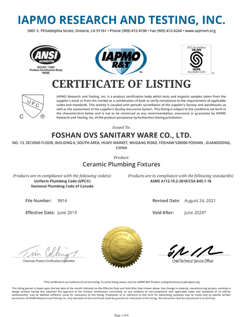 Chiny Foshan OVC Sanitary Ware Co., Ltd Certyfikaty